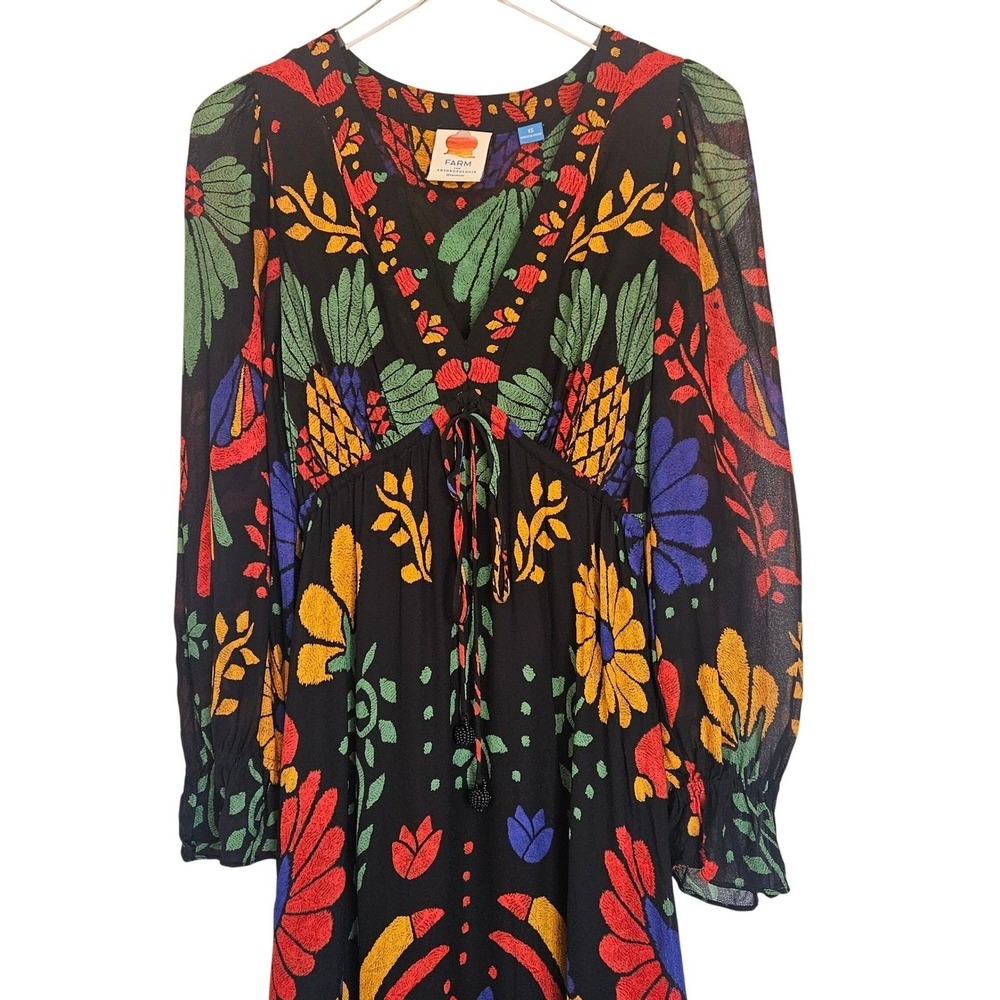 Farm Rio Black Tropical Toucan Floral V-Neck Maxi Dress S Long Puff Sleeve Boho - Picture 5 of 16